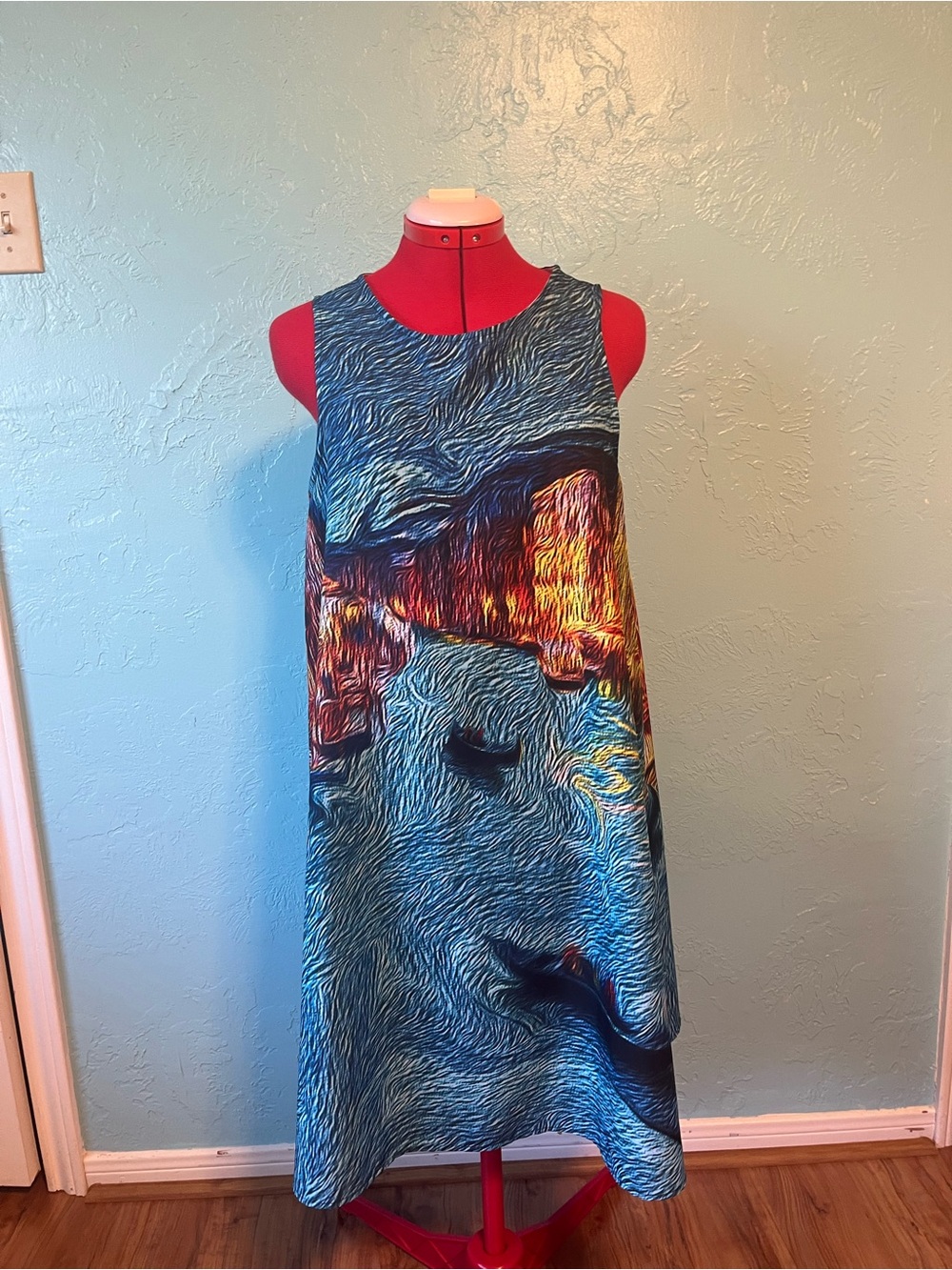 Sleeveless Blue Scenic Print A-Line Dress